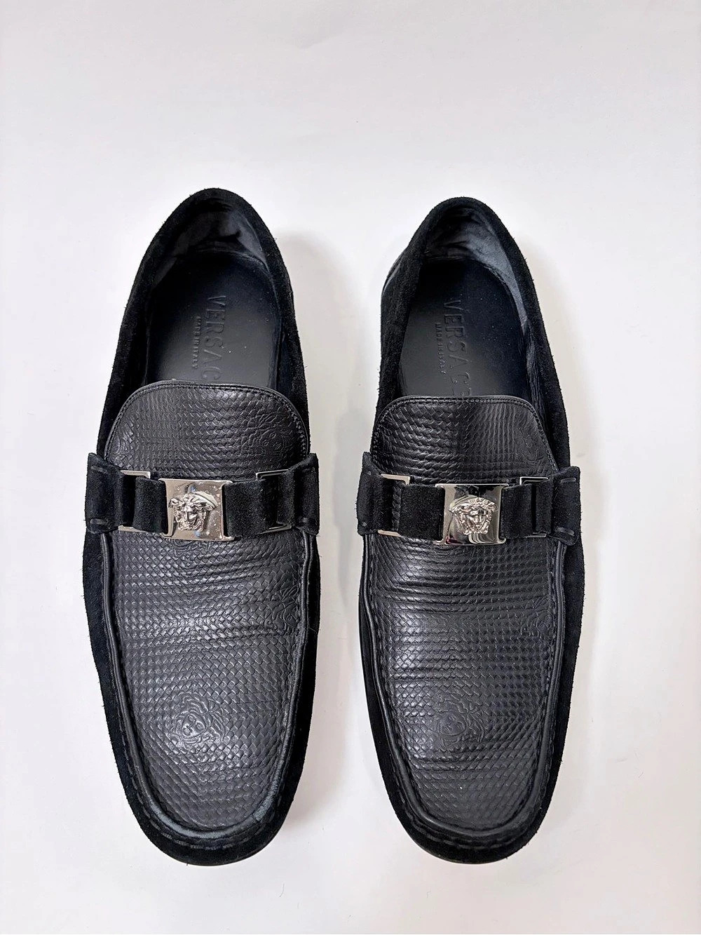 Versace Men’s Black Leather & Suede Medusa Loafers – EU 43 / US 10